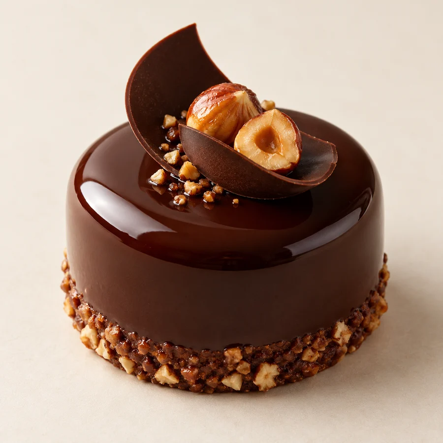 Pastel individual de chocolate glaseado con avellanas